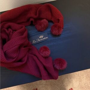 La Fiorentina Burgundy Knit Scarf with Pom Poms